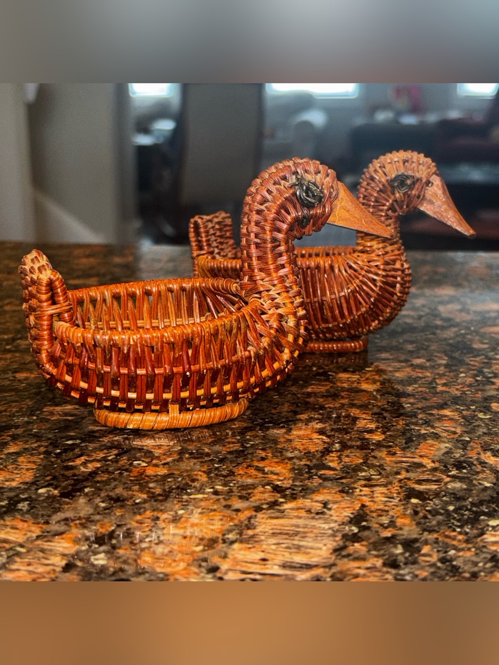 Set Of 2 Vintage Small Wicker Rattan Duck Goose Trinket Baskets